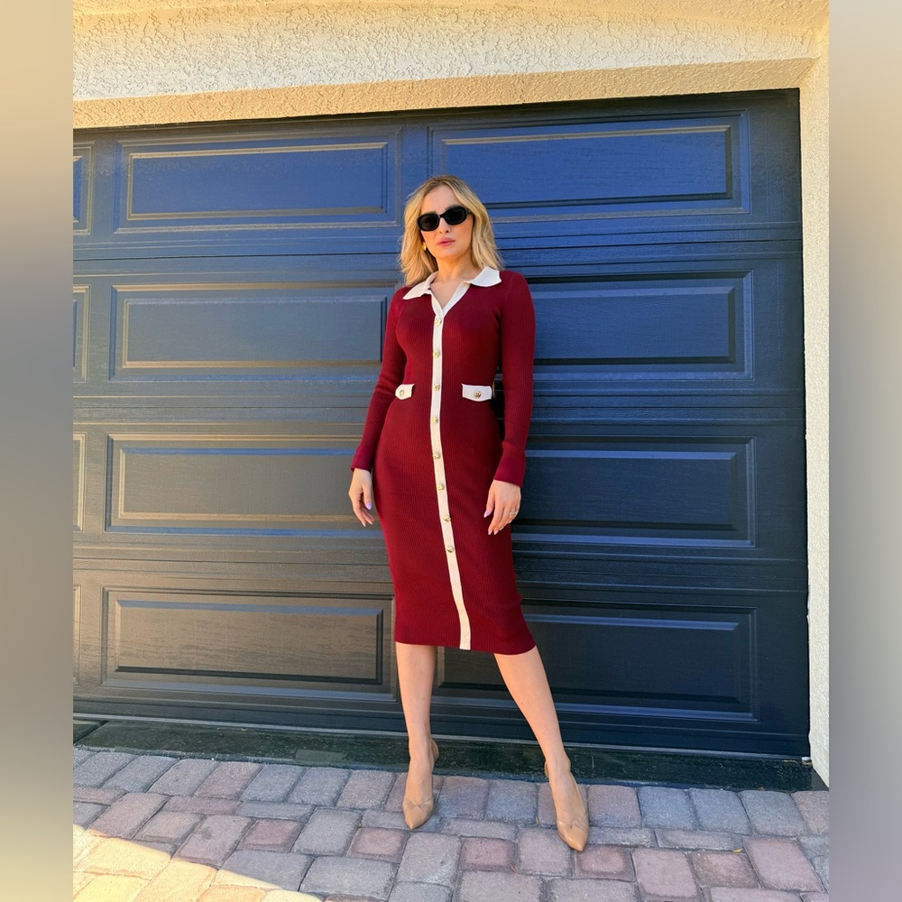 226 ‘Alex’ Elegant Burgundy and White Women's Dress - Picture 5 of 12